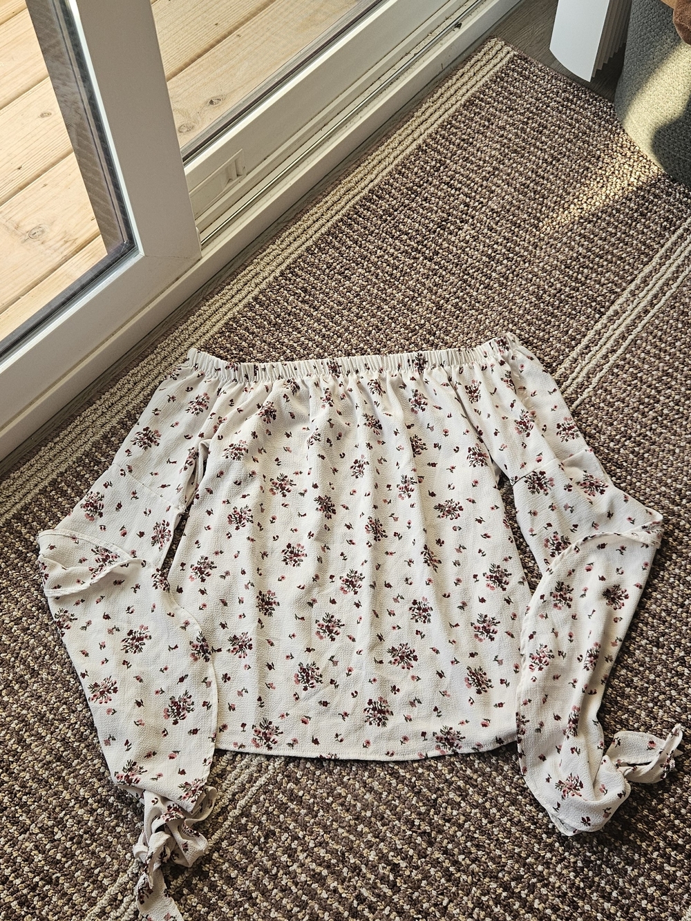 Ultra Flirt Cream Off-Shoulder Blouse with Burgundy Floral Print